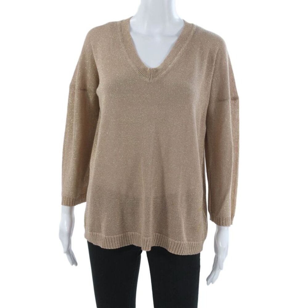 Whitley Kros Womens V-Neck Pullover Sweater Beige 3/4 Sleeve Cotton Size M